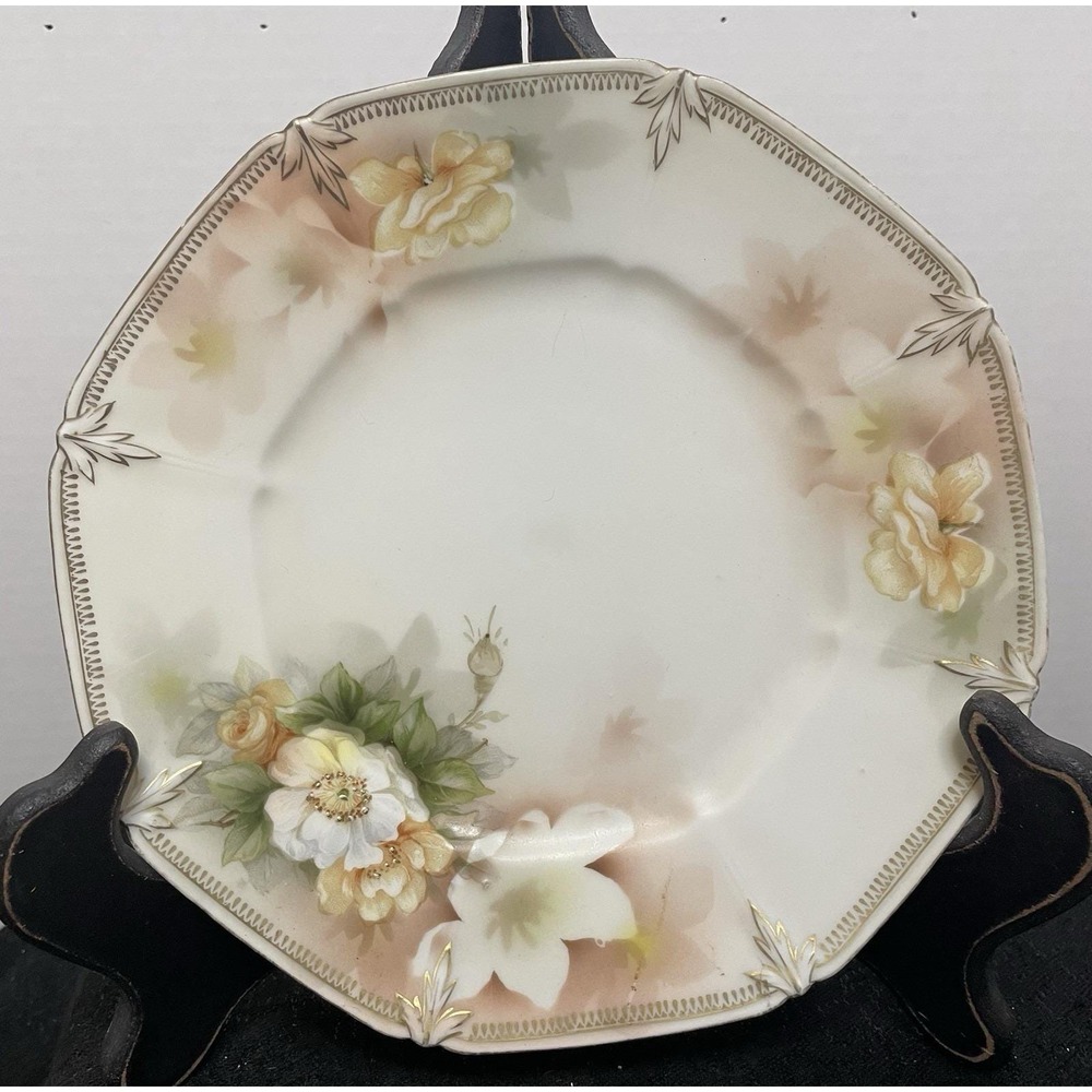 Antique RS Prussia Floral Porcelain Plate 7.5" Gold Trim Accents Hand Painted